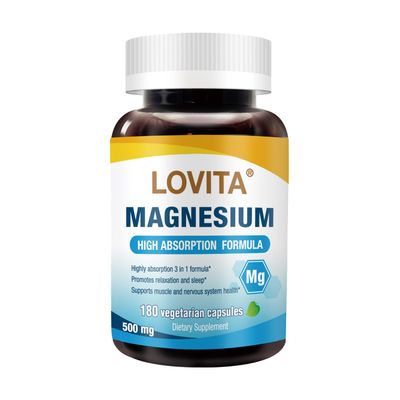 Lovita Triple Magnesium Complex 500mg, High Absorption and Potency Formula, Glycinate, Citrate Oxide, Support Sleep, Relaxation, Heart, Nerves Bone Health, 180 Vegan Capsules