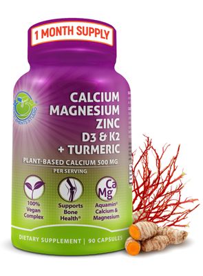 Plant-Based Calcium 500mg (Aquamin) - Vegan Calcium Magnesium Zinc D3 with Vitamin K2 Organic Turmeric - Enhanced Bone and Muscle Health Strength, Immune Support for Women Men - 90 Count