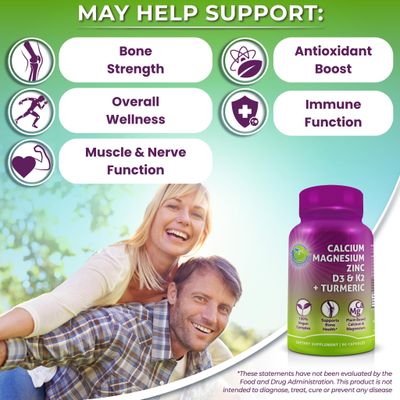 Plant-Based Calcium 500mg (Aquamin) - Vegan Calcium Magnesium Zinc D3 with Vitamin K2 Organic Turmeric - Enhanced Bone and Muscle Health Strength, Immune Support for Women Men - 90 Count