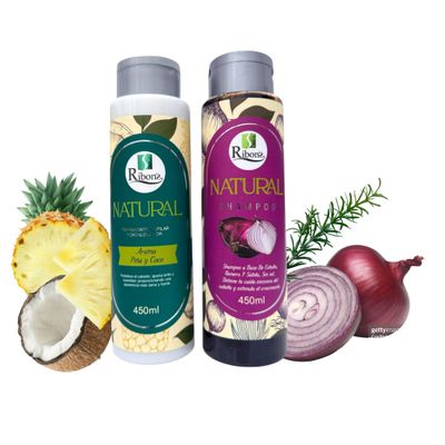 Ribon&#39;s Natural Shampoo Hair Treatment Set - Anti-Hair Loss, Strengthening Nourishing Formula with Onion, Rosemary Aloe Vera - Pineapple anc Coconut Scent - 450ml Each