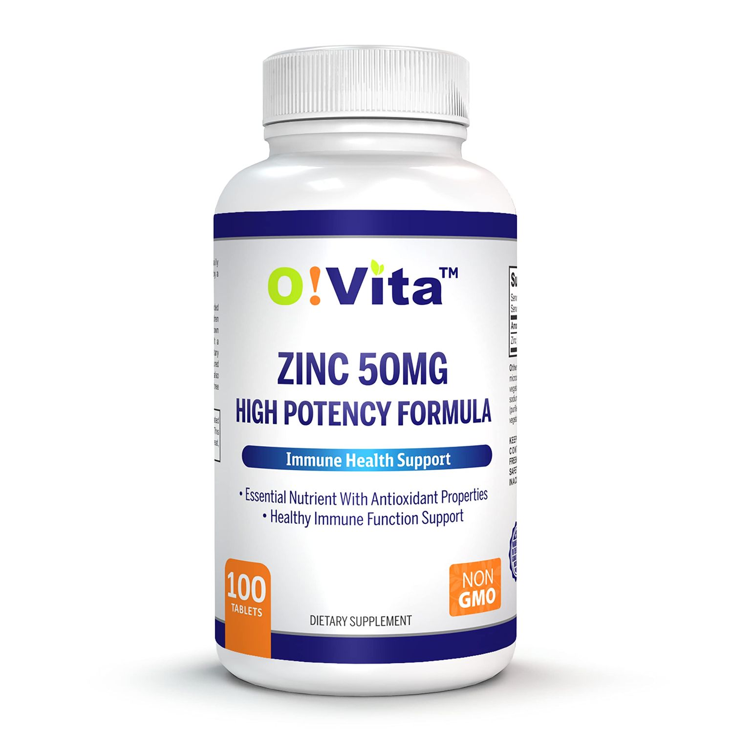 O!VITA Zinc 50mg High Potency Formula, for Immune Health Support, up to 100 Days of Supply (100 Non-GMO, Vegan Tablets)