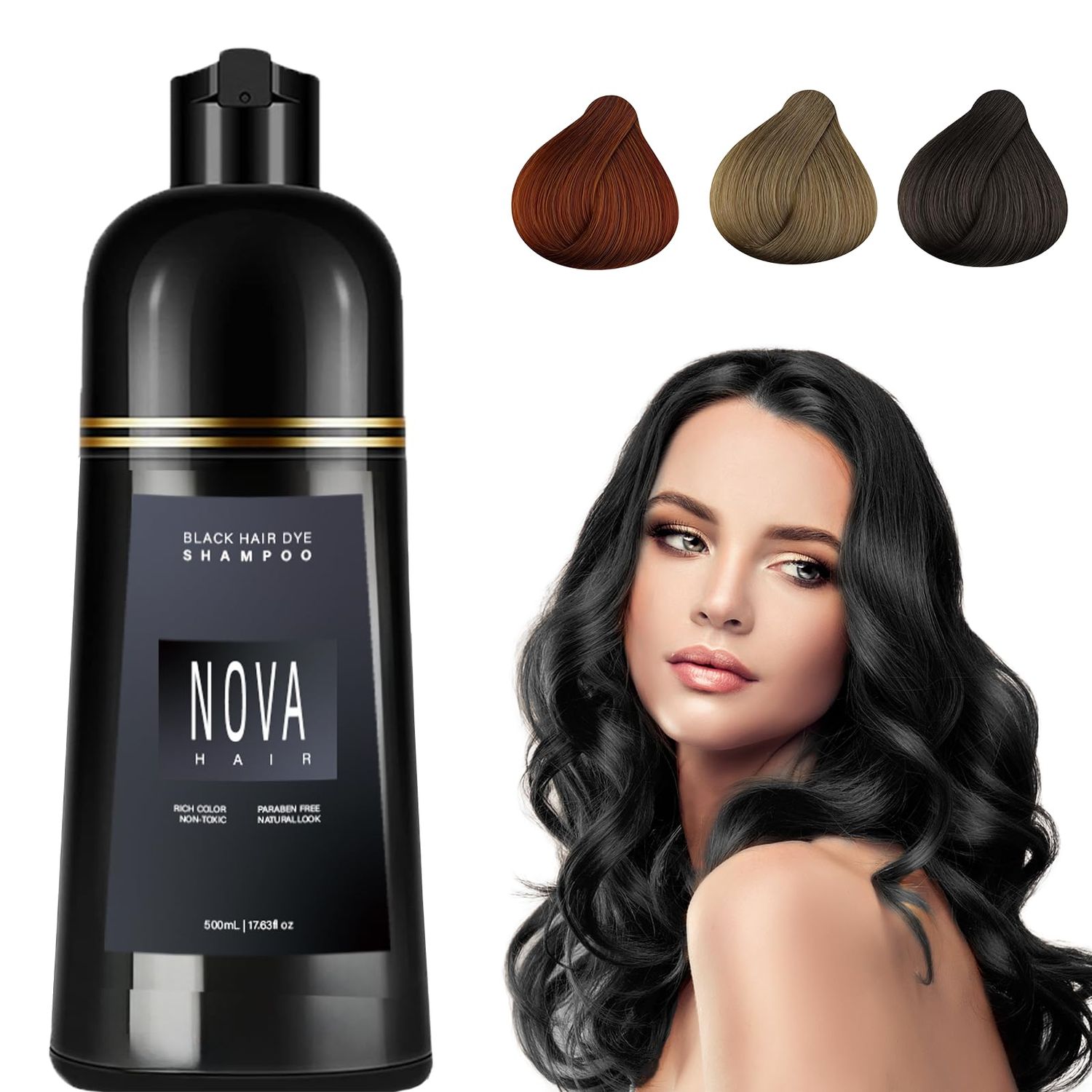 Nova Hair Dye Shampoo, Instant Dye Shampoo 3 in 1, for Men Women (Black (500ML)