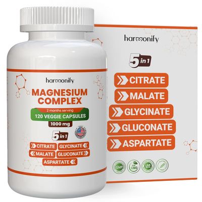 HARMONIFY Magnesium Glycinate Citrate Malate Aspartate Gluconate, 5 in 1 Formula, 120 Purified Veggie Capsule, 1000 mg, Gluten Free, Non-GMO, 60 Days Serving