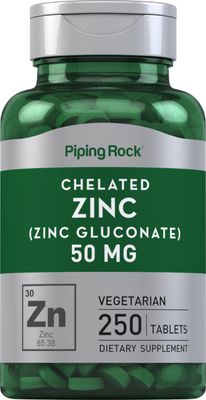 Piping Rock Chelated Zinc Supplement 50 mg 250 Tablets Gluconate Vegetarian, Non-GMO, Gluten Free