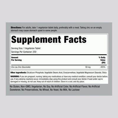 Piping Rock Chelated Zinc Supplement 50 mg 250 Tablets Gluconate Vegetarian, Non-GMO, Gluten Free