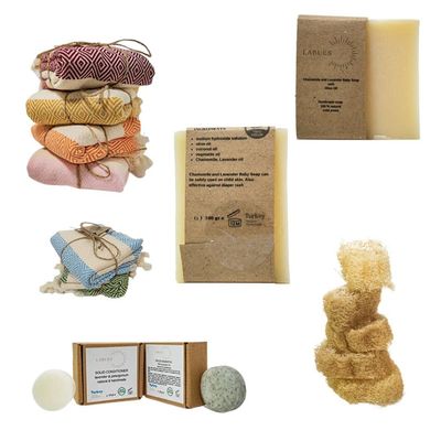 LABUES Natural Handmade Gift Set - Travel Size Shampoo Bar and Conditioner-10-15 hair washes, Hand Made Chamomile Lavender Baby Soap, Natural Loofa and Turkish Face Towel - Eco Friendly