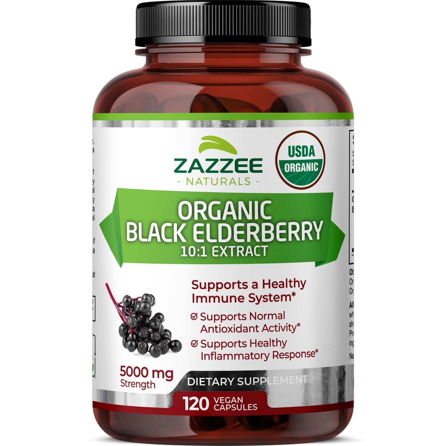 Zazzee USDA Organic Black Elderberry 10:1 Extract, 5000 mg Strength, 120 Vegan Capsules, 2 Month Supply, Standardized, Concentrated 10X Extract, 100 Vegetarian, All-Natural, Non-GMO, Made in The USA
