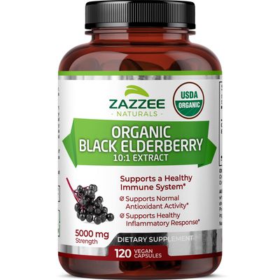 Zazzee USDA Organic Black Elderberry 10:1 Extract, 5000 mg Strength, 120 Vegan Capsules, 2 Month Supply, Standardized, Concentrated 10X Extract, 100 Vegetarian, All-Natural, Non-GMO, Made in The USA