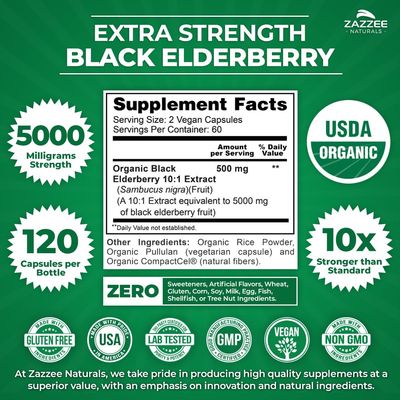 Zazzee USDA Organic Black Elderberry 10:1 Extract, 5000 mg Strength, 120 Vegan Capsules, 2 Month Supply, Standardized, Concentrated 10X Extract, 100 Vegetarian, All-Natural, Non-GMO, Made in The USA