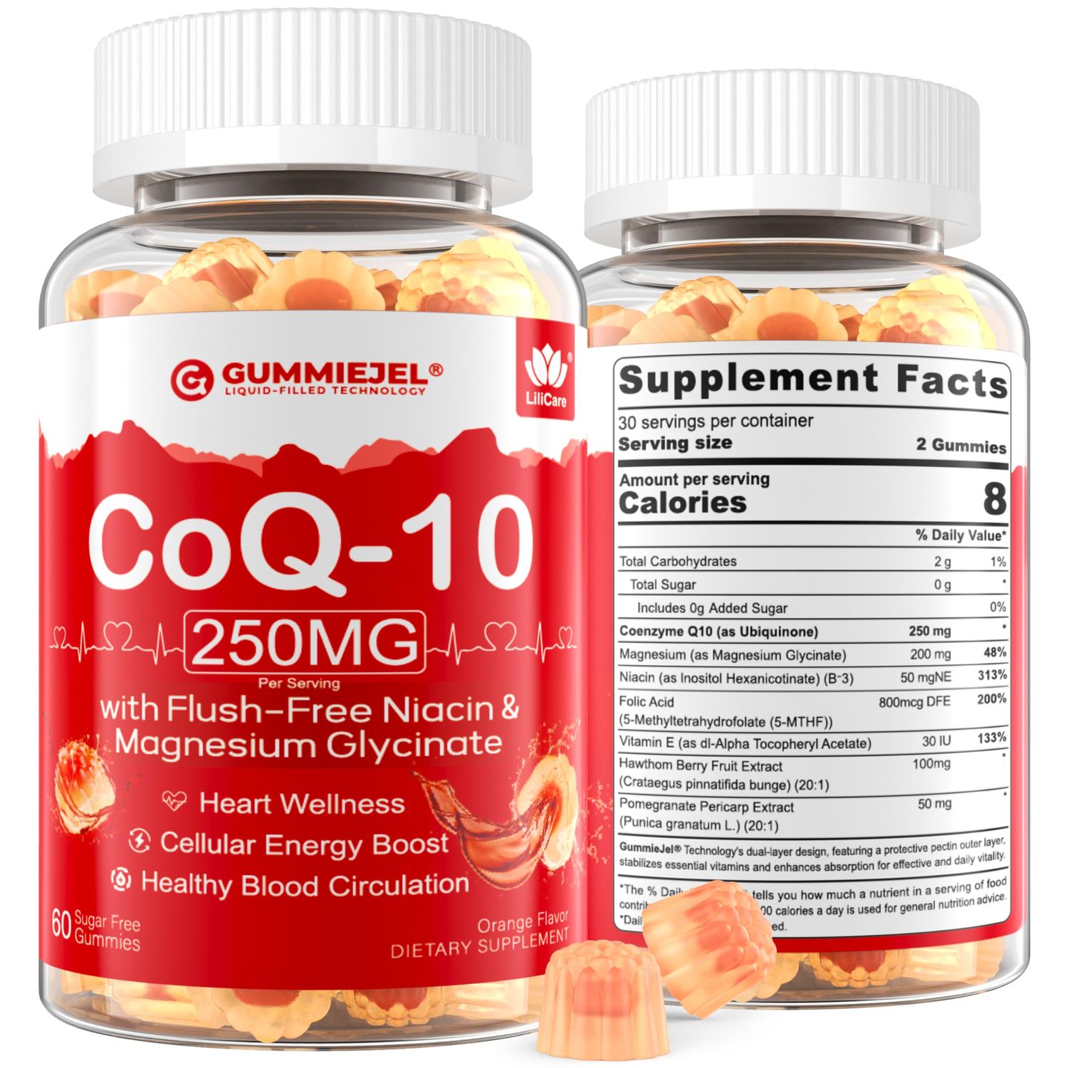 LILICARE Sugar Free CoQ10 Filled Gummies 250MG, Coenzyme Q10 wMagnesium Glycinate, Niacin No-Flush Vitamin B3, E Folic Acid, High Absorption CoQ10 for HEA-rt, Cellular Energy Antioxidant