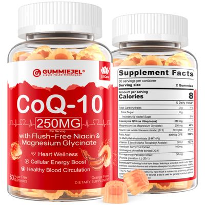 LILICARE Sugar Free CoQ10 Filled Gummies 250MG, Coenzyme Q10 wMagnesium Glycinate, Niacin No-Flush Vitamin B3, E Folic Acid, High Absorption CoQ10 for HEA-rt, Cellular Energy Antioxidant