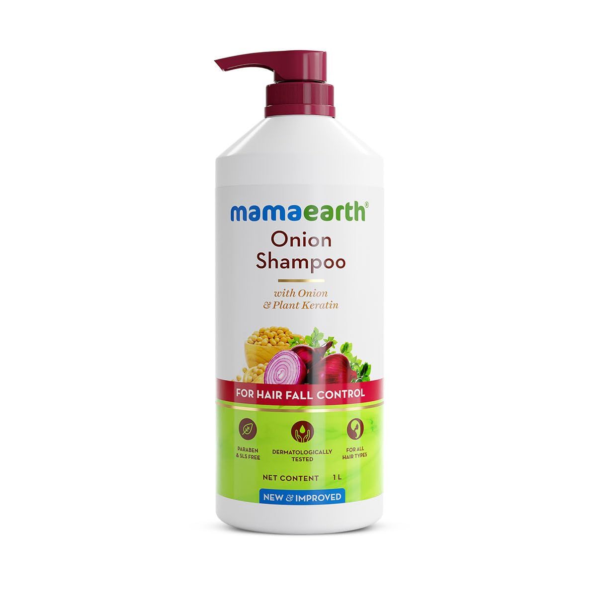 MAMAEARTH Onion Shampoo for Hair Growth Loss Control Moisturizing Gentle Scalp Cleanser with Plant Keratin Sulfate Paraben Free 33.81 Fl Oz (1L)