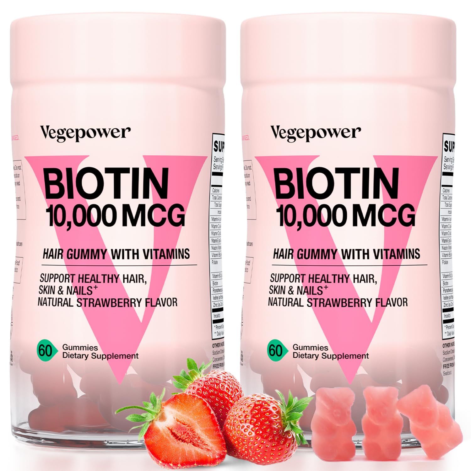 Biotin Gummies 10000mcg Supplements - with Vitamin C, A, D, B-Complex, Folate, Zinc for Women Girls- Vegan Biotin Hair Growth Gummy for Healthy Hair and Nails, Non-GMO, Strawberry, 120 Bear