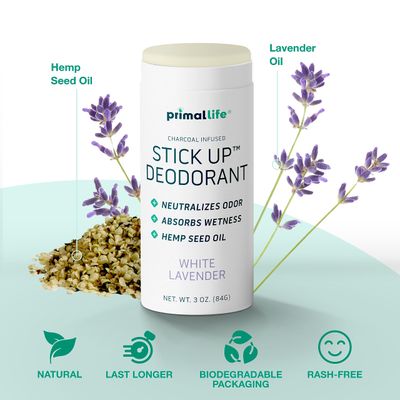 Stick Up Natural Deodorant for Women and Men with Bentonite Clay Powder, Arrowroot, Magnesium, Zinc, 3 oz. Vegan Deodorant for 3-4 months, White Lavender - Primal Life Organics