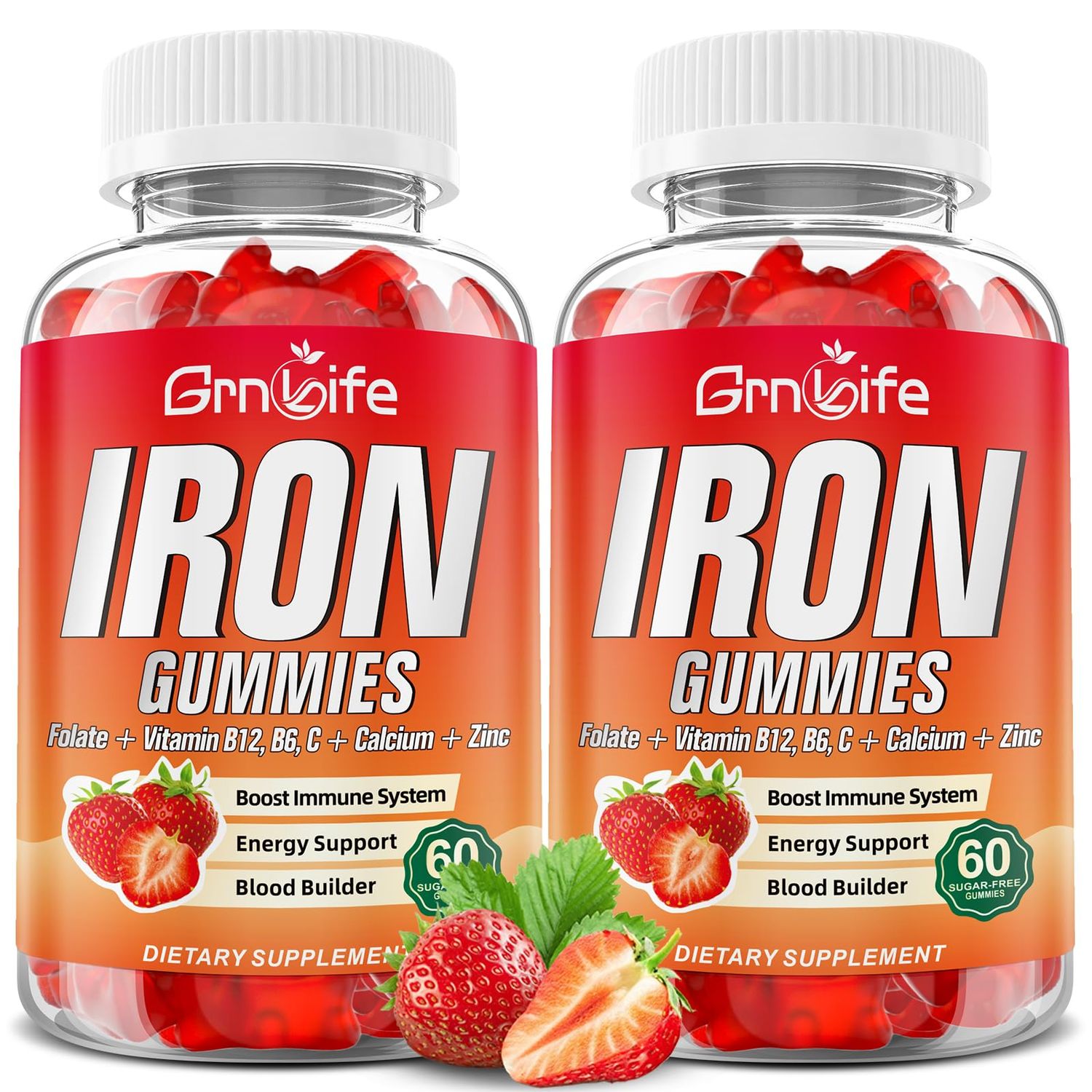 Iron Gummies for Women, Men Kids, Sugar Free Iron Supplement with Calcium, Zinc, Folate Vitamin B12, C, B6 - for Blood Building Energy Support, Anemia, Strawberry, 120 Count