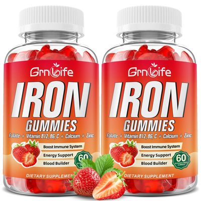 Iron Gummies for Women, Men Kids, Sugar Free Iron Supplement with Calcium, Zinc, Folate Vitamin B12, C, B6 - for Blood Building Energy Support, Anemia, Strawberry, 120 Count