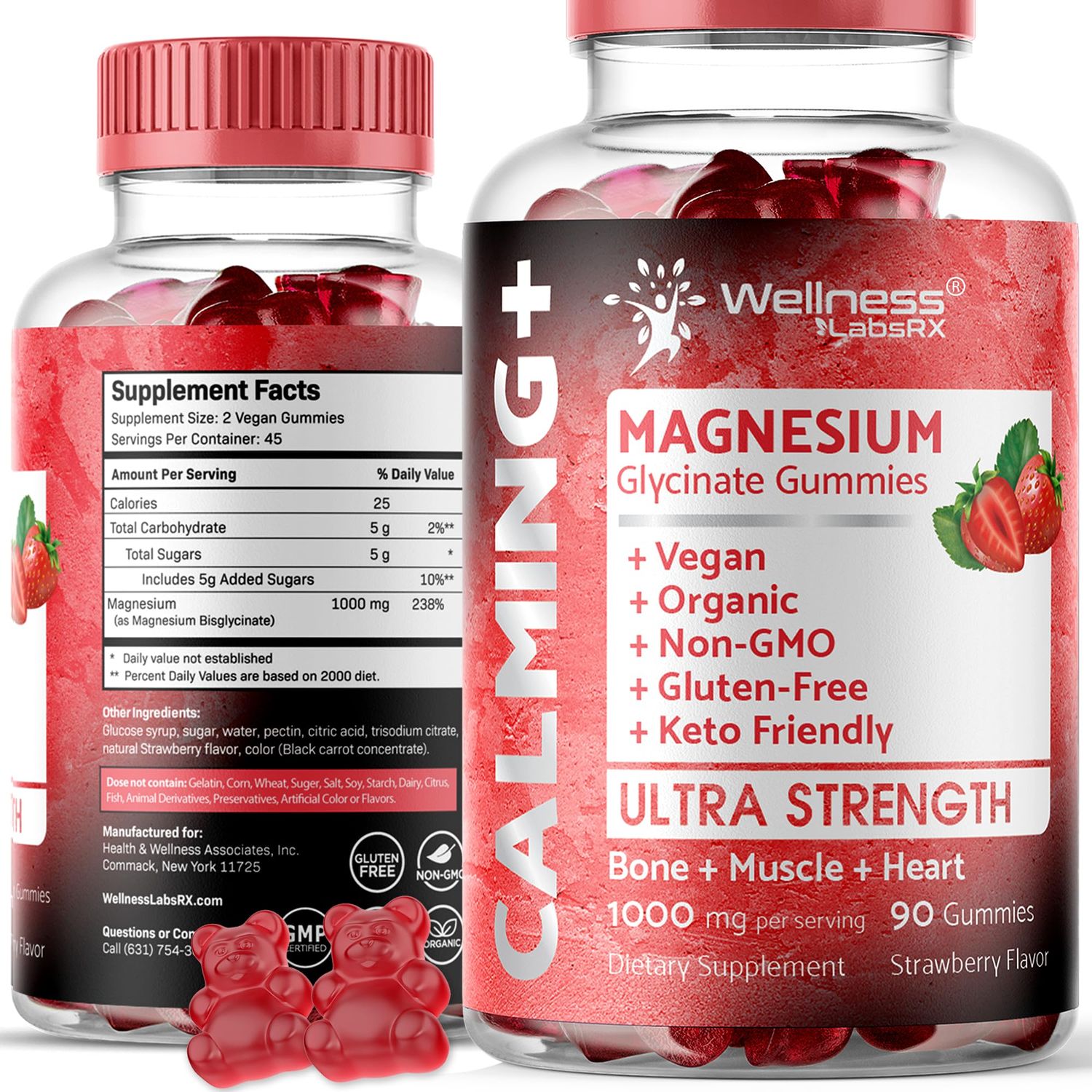Magnesium Glycinate Gummies, 1000 mg - Magnesium Supplement to Support Relaxation, Heart Health - Chewable Calm Magnesio Gummies for Adults, Glicinato De Magnesio - Strawberry Flavor
