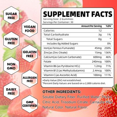 Iron Gummies for Women, Men Kids, Sugar Free Iron Supplement with Calcium, Zinc, Folate Vitamin B12, C, B6 - for Blood Building Energy Support, Anemia, Strawberry, 120 Count