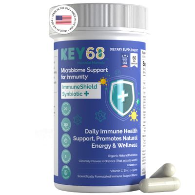 KEY68 Synbiotic 20B CFU Probiotics, Organic Prebiotics Colostrum Advanced Gut Immune Support Supplement with Vitamin C, Zinc, and L-Lysine 60 Vegan Delayed-Release Capsules Third-Party Tested