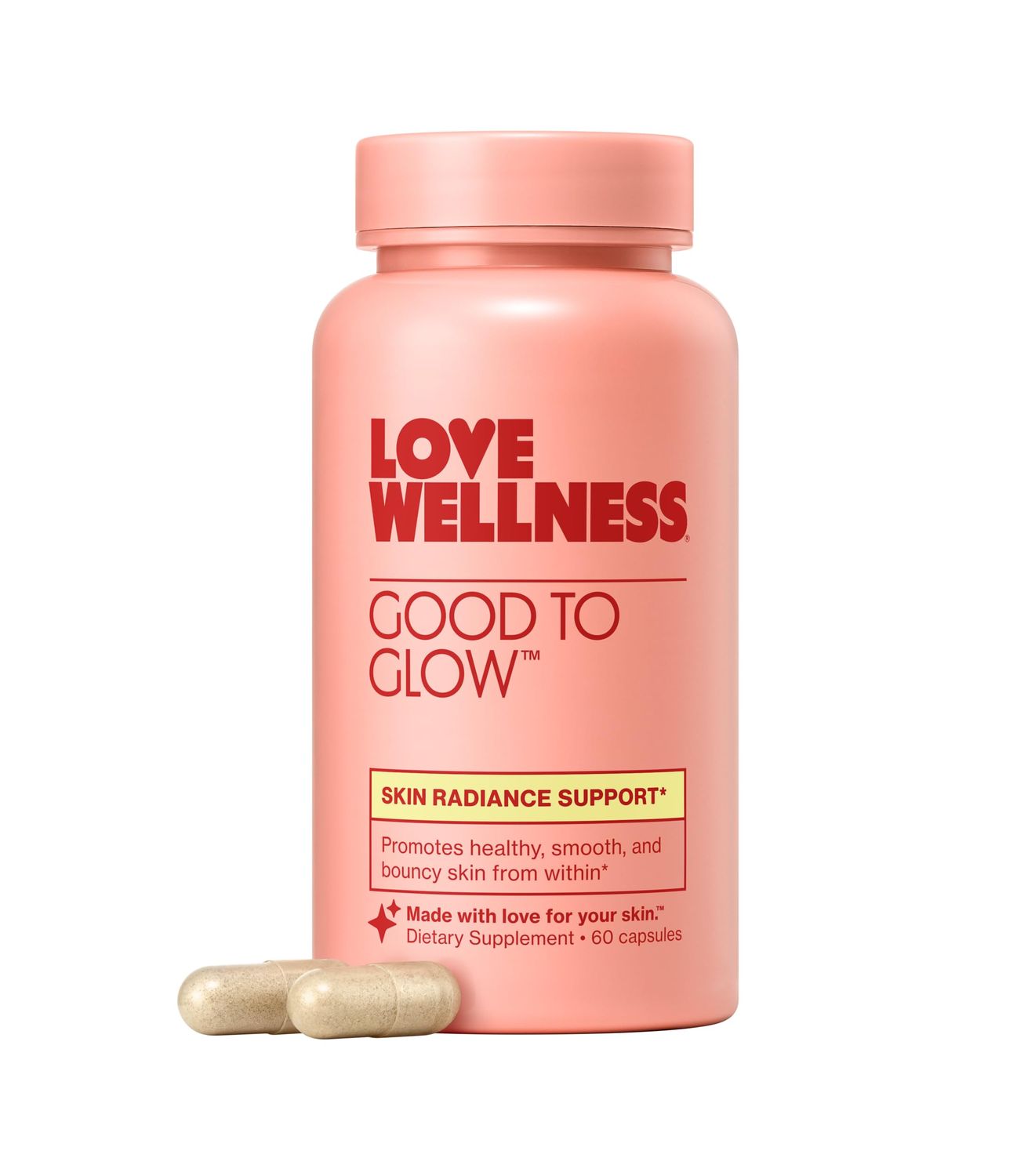 Love Wellness Good to Glow Collagen Supplement with Biotin, Vitamin C, E, Ashwagandha Zinc Promotes Smooth, Glowing Clear Skin Enhances Smoothness Promotes Healthy Skin 60 Count
