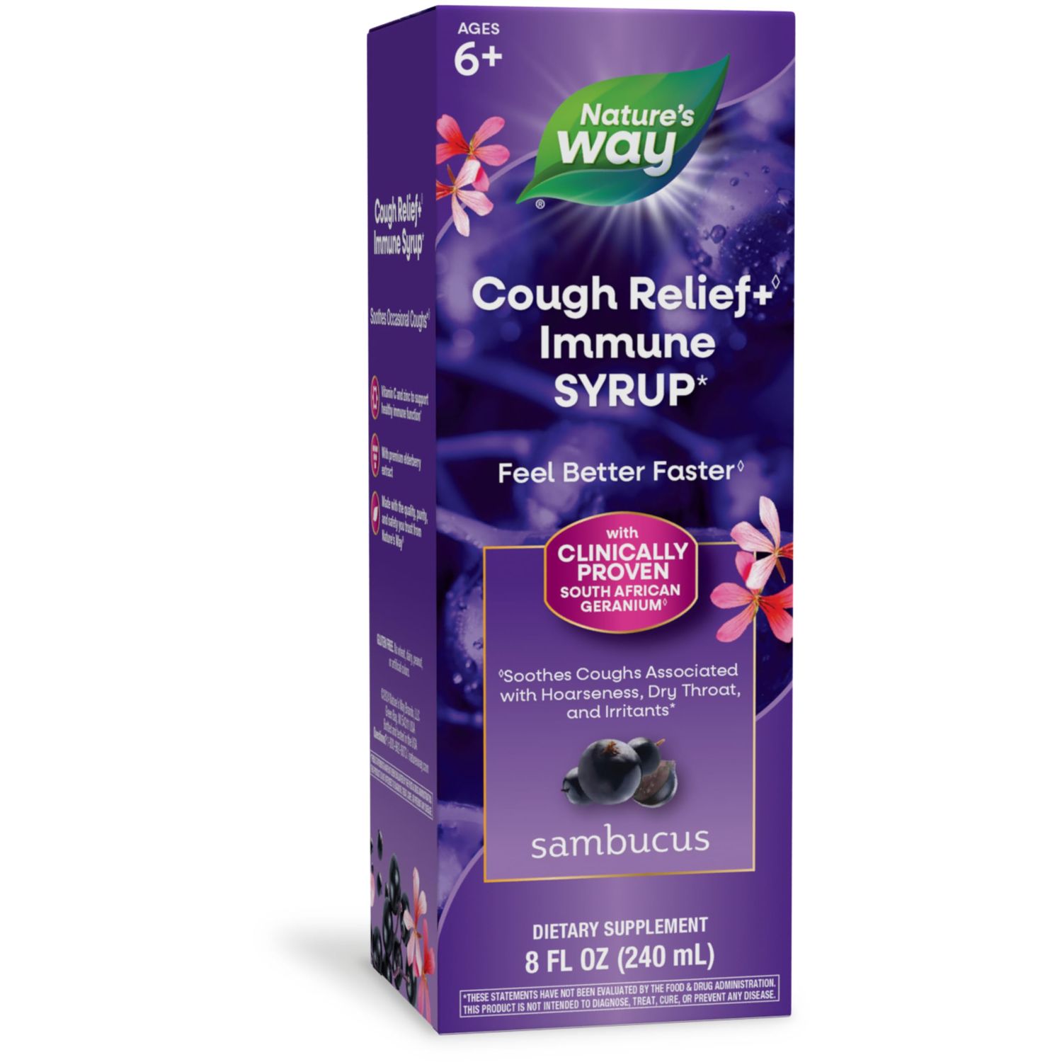 Nature s Way Sambucus Cough Relief Immune Syrup, Feel Better Faster , Clinically Proven South African Geranium, with Elderberry Extract, Vitamin C Zinc, 8 Oz (Packaging May Vary)