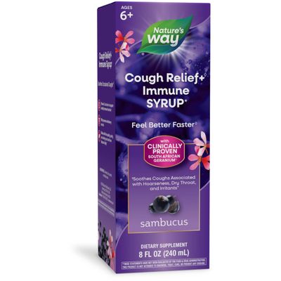 Nature s Way Sambucus Cough Relief Immune Syrup, Feel Better Faster , Clinically Proven South African Geranium, with Elderberry Extract, Vitamin C Zinc, 8 Oz (Packaging May Vary)