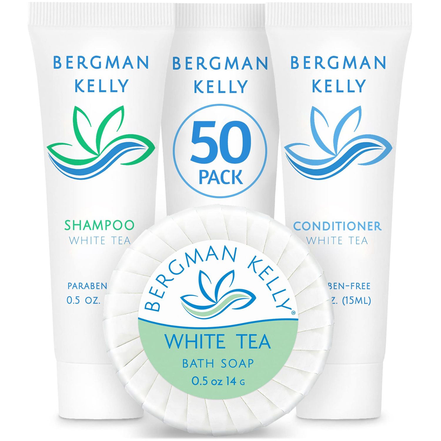 BERGMAN KELLY Round Hotel Soap Bars, Shampoo Conditioner 3-Piece Set (0.5 oz each, 150 pc, White Tea), Delight Your Guests with Revitalizing Refreshing Mini Travel Toiletries Bulk Amenities