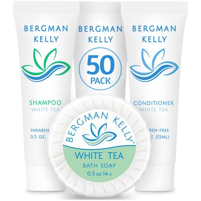 BERGMAN KELLY Round Hotel Soap Bars, Shampoo Conditioner 3-Piece Set (0.5 oz each, 150 pc, White Tea), Delight Your Guests with Revitalizing Refreshing Mini Travel Toiletries Bulk Amenities