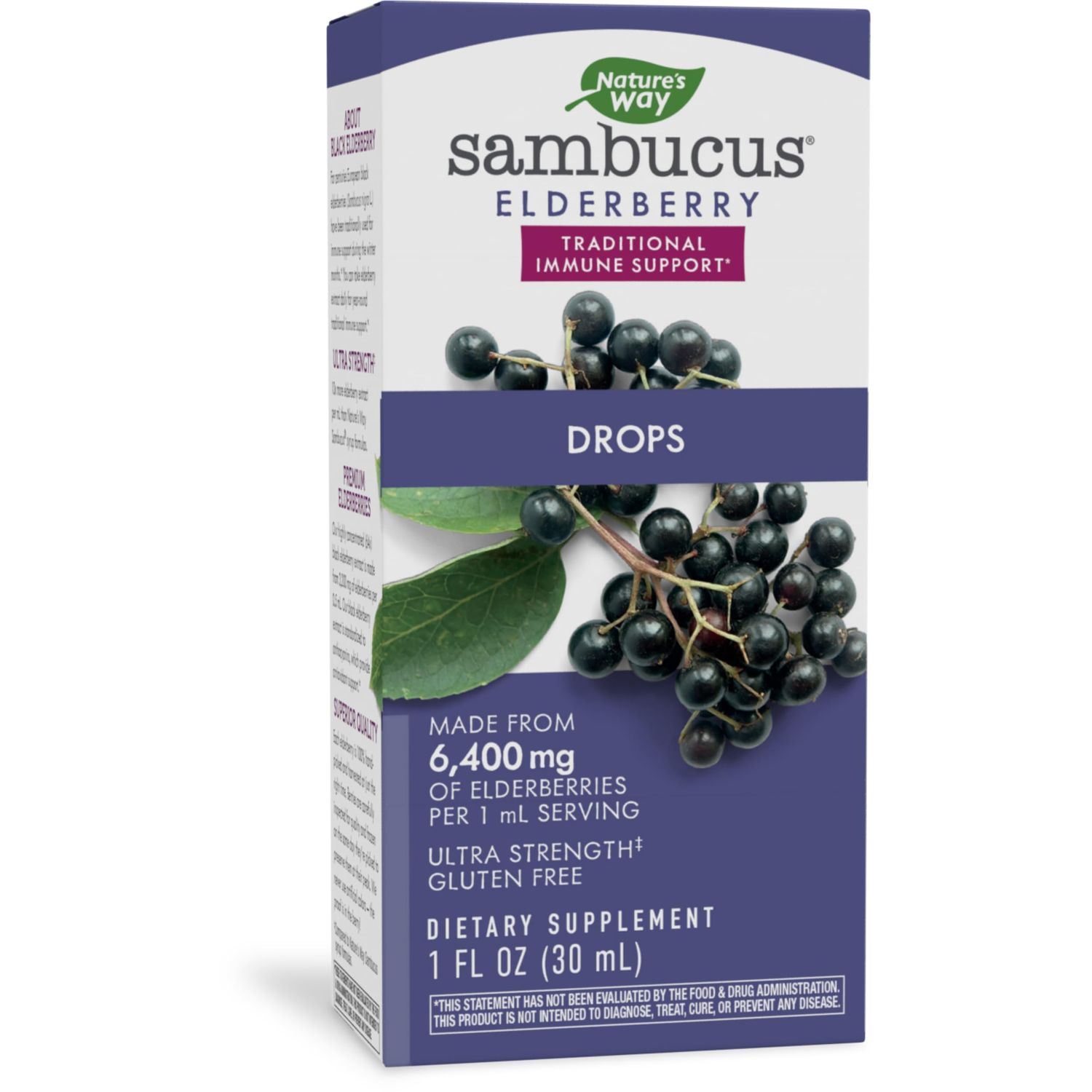 Nature&#39;s Way Sambucus Elderberry Drops with Ultra Strength Elderberry, Immune Support, Made from 6400mg of Elderberries per 1 mL, 1 Fl. Oz.