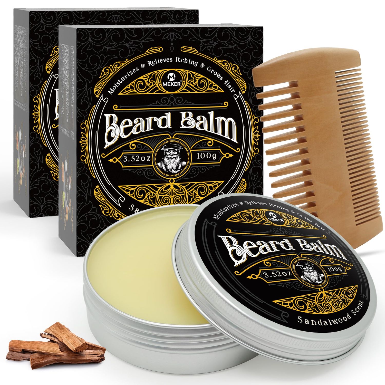 MEKER Beard Balm, Beard Softening Leave-in Balm with Brush, All-Natural Anti-Itch, Organic Beard Conditioner for Softening, Stops Itch, Grows, 7.04 OZ
