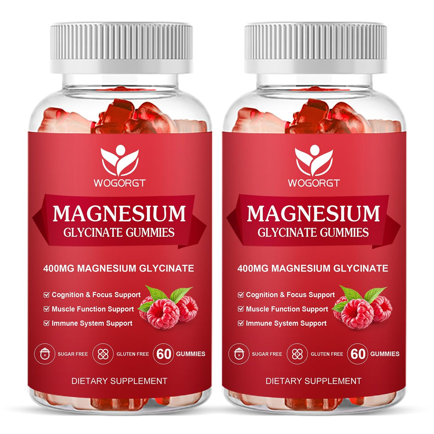 Magnesium Glycinate Gummies - 400mg Magnesium Glycinate Gummies with Vitamin D, B6, and CoQ10, Magnesium Supplement for Relaxation and Cognition, Sugar Free - 60 Raspberry Gummies (2 Pack)