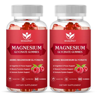 Magnesium Glycinate Gummies - 400mg Magnesium Glycinate Gummies with Vitamin D, B6, and CoQ10, Magnesium Supplement for Relaxation and Cognition, Sugar Free - 60 Raspberry Gummies (2 Pack)