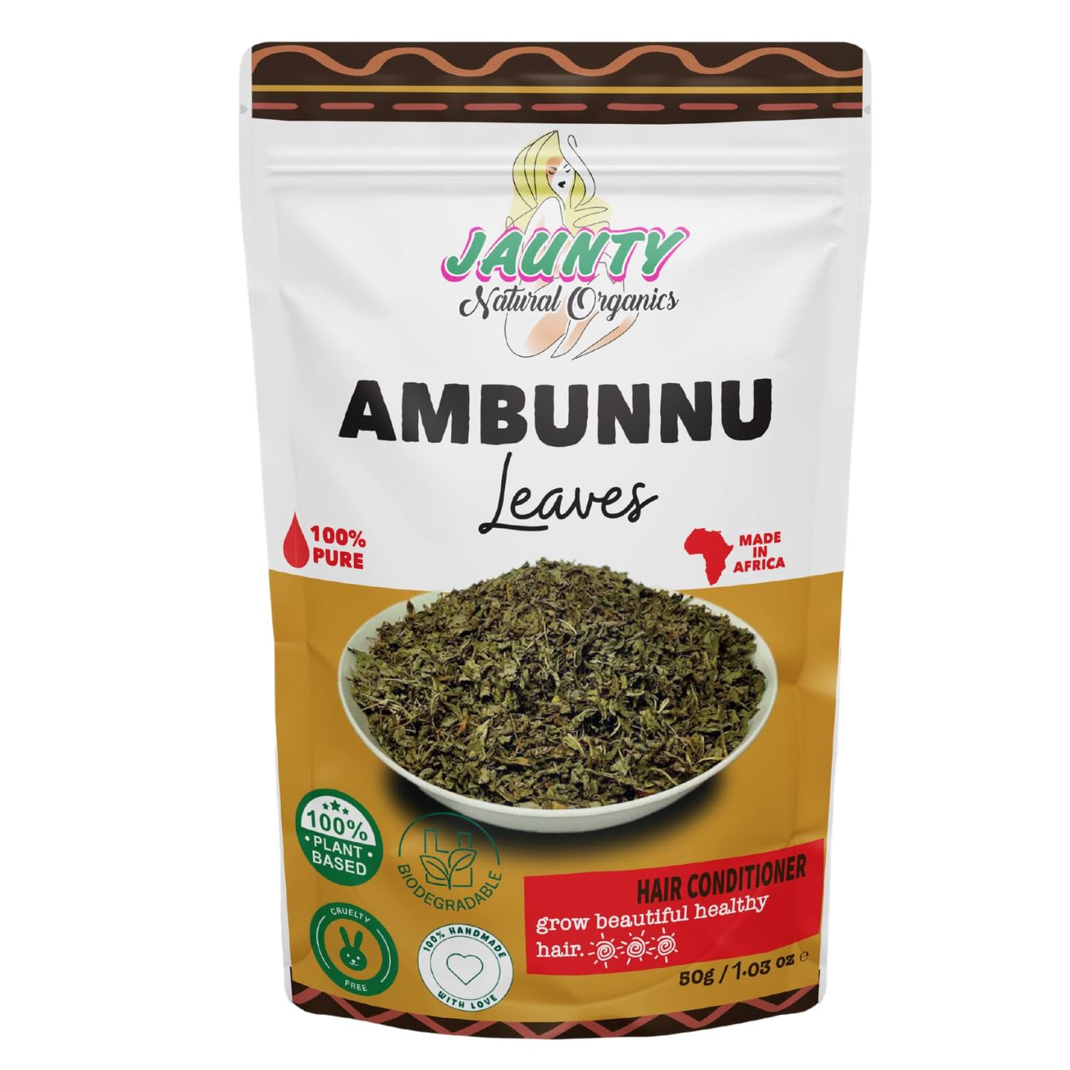 Jaunty Organics Natural Ambunnu Leaves Herbal Hair Growth and Repair Shampoo , Conditioner Detangler Promotes Longer, Thicker and Stronger Hair 50g packs , Non-GMO, 1.8 Ounce (Pack of 1)