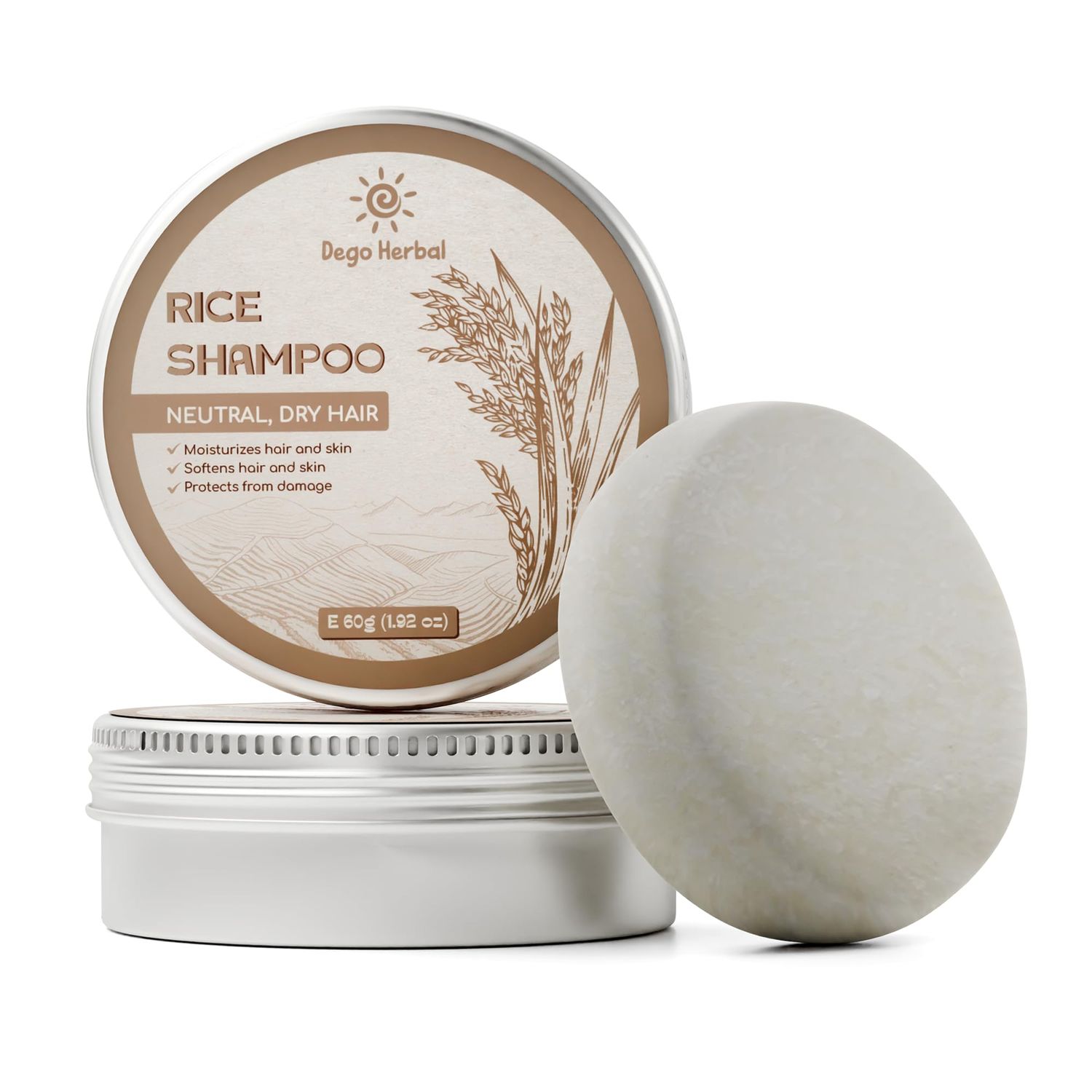 DEGO HERBAL Rice Shampoo Bar for Neutral and Dry Hair 1.92 Oz Softens Hair and Skins, Protect for Damages