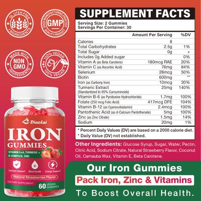 Vegan Iron Gummies - High Potency Iron Supplement for Women Men - Supports Energy Immune Health - Strawberry Flavor (60 Count)