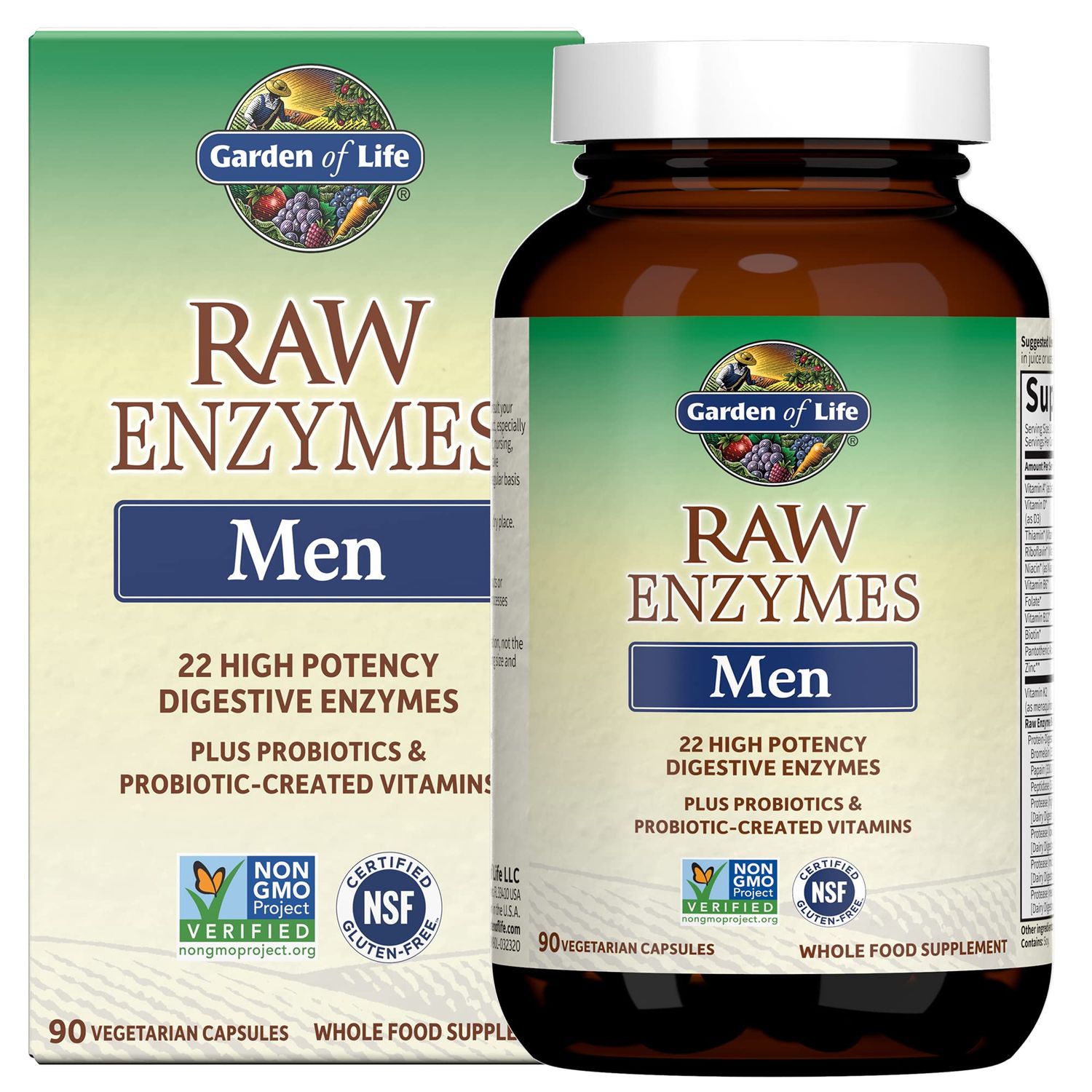 Garden of Life 22 Digestive Enzymes for Men with Bromelain, Papain Lactase Plus Probiotics Whole Food Vitamins B12, Biotin Zinc - RAW Enzymes - Non-GMO, Gluten-Free, Vegetarian, 90 Capsules