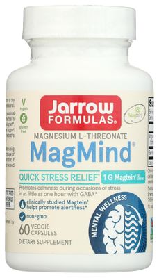 Jarrow Formulas Magnesium L-Threonate, MagMind Quick Stress Relief, Dietary Supplement Featuring GABA, 60 Capsules, Up to a 30 Day Supply