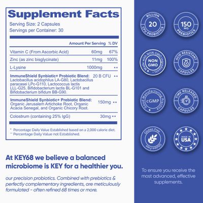 KEY68 Synbiotic 20B CFU Probiotics, Organic Prebiotics Colostrum Advanced Gut Immune Support Supplement with Vitamin C, Zinc, and L-Lysine 60 Vegan Delayed-Release Capsules Third-Party Tested