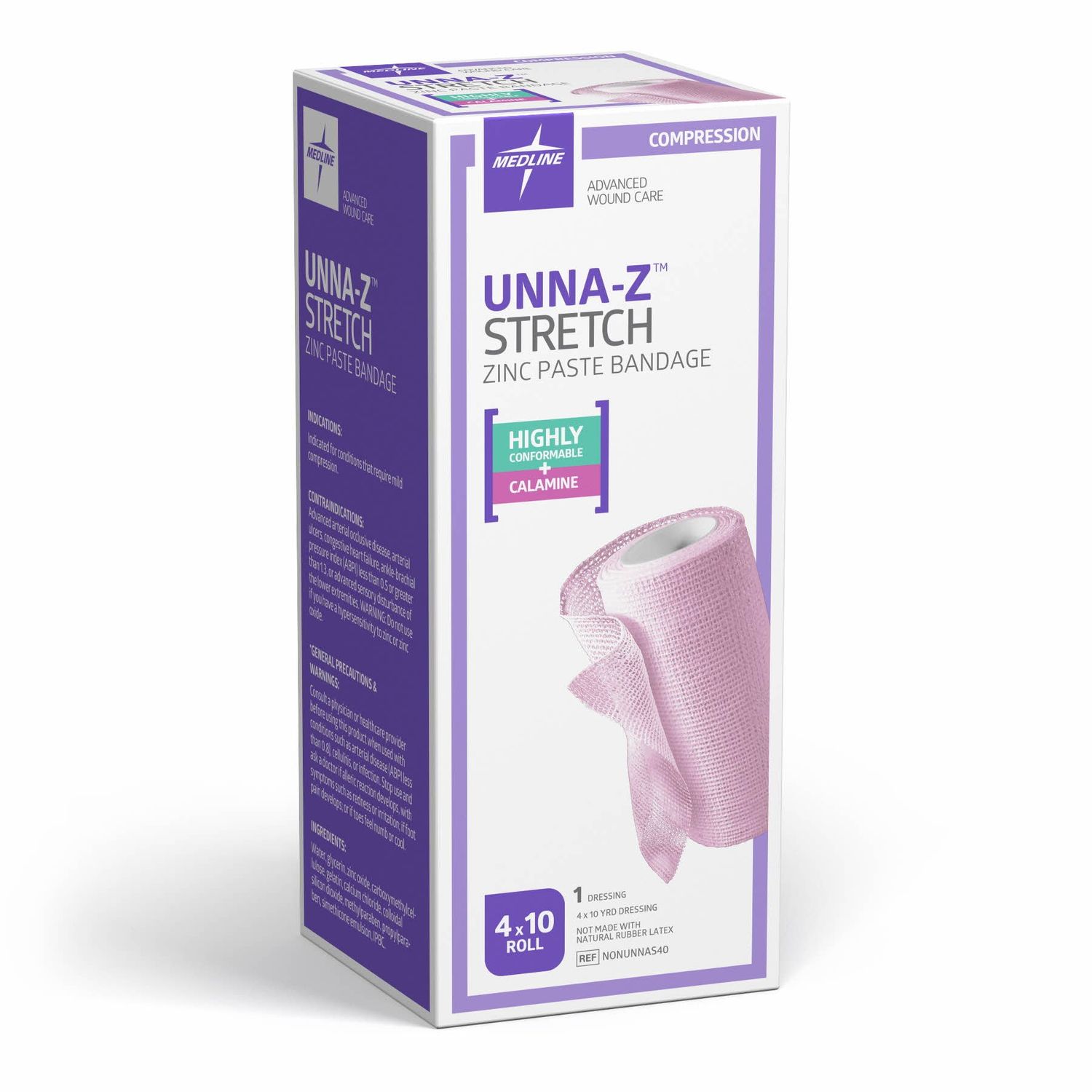 Medline Unna-Z Stretch Elastic Zinc Oxide Calamine Bandage, 4X10YD (12 Count)