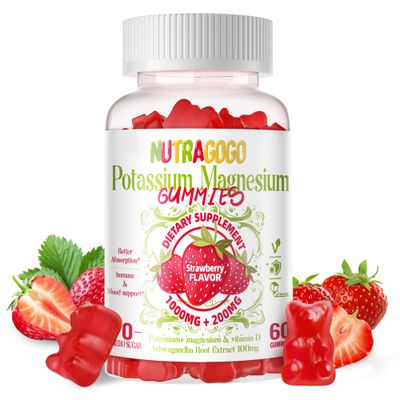 Potassium Magnesium Gummies,Potassium Supplement wAshwagandha,High Absorption Magnesium Glycinate,B6,D3,Potassium Citrate,Electroyte for Adults Kids,Sugar-Free, 60 Strawberry Chews