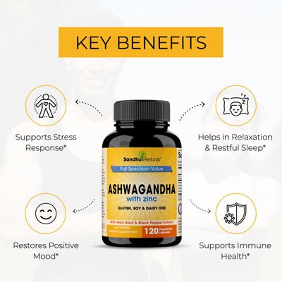 SANDHUHERBALS Sandhu Herbals Ashwagandha Supplement 120 Organic 4 in 1 Capsules, 2 Months Supply with Zinc, Black Pepper Holy Basil Extract Supports Immune Health Non-GMO