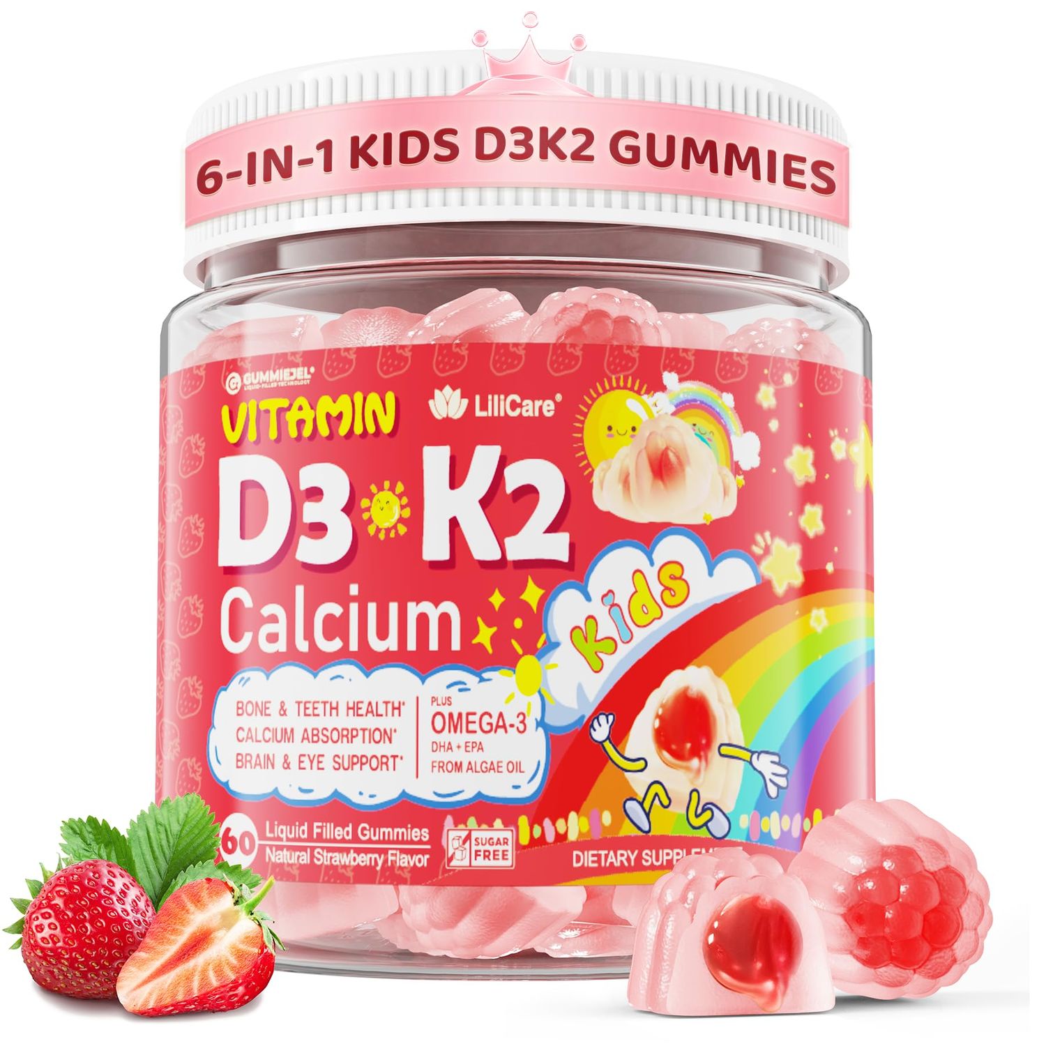 Kids Vitamin D3 K2 Filled Gummies 1000IU2000IU D3 K2(MK-7) with Calcium, Magnesium Algal Omega 3(EPADHA) for Bones, Teeth, Muscles, Brain, Kids 4 Vitamins (Low Dose Perfect For Adults), 60 Cts