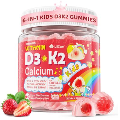 Kids Vitamin D3 K2 Filled Gummies 1000IU2000IU D3 K2(MK-7) with Calcium, Magnesium Algal Omega 3(EPADHA) for Bones, Teeth, Muscles, Brain, Kids 4 Vitamins (Low Dose Perfect For Adults), 60 Cts