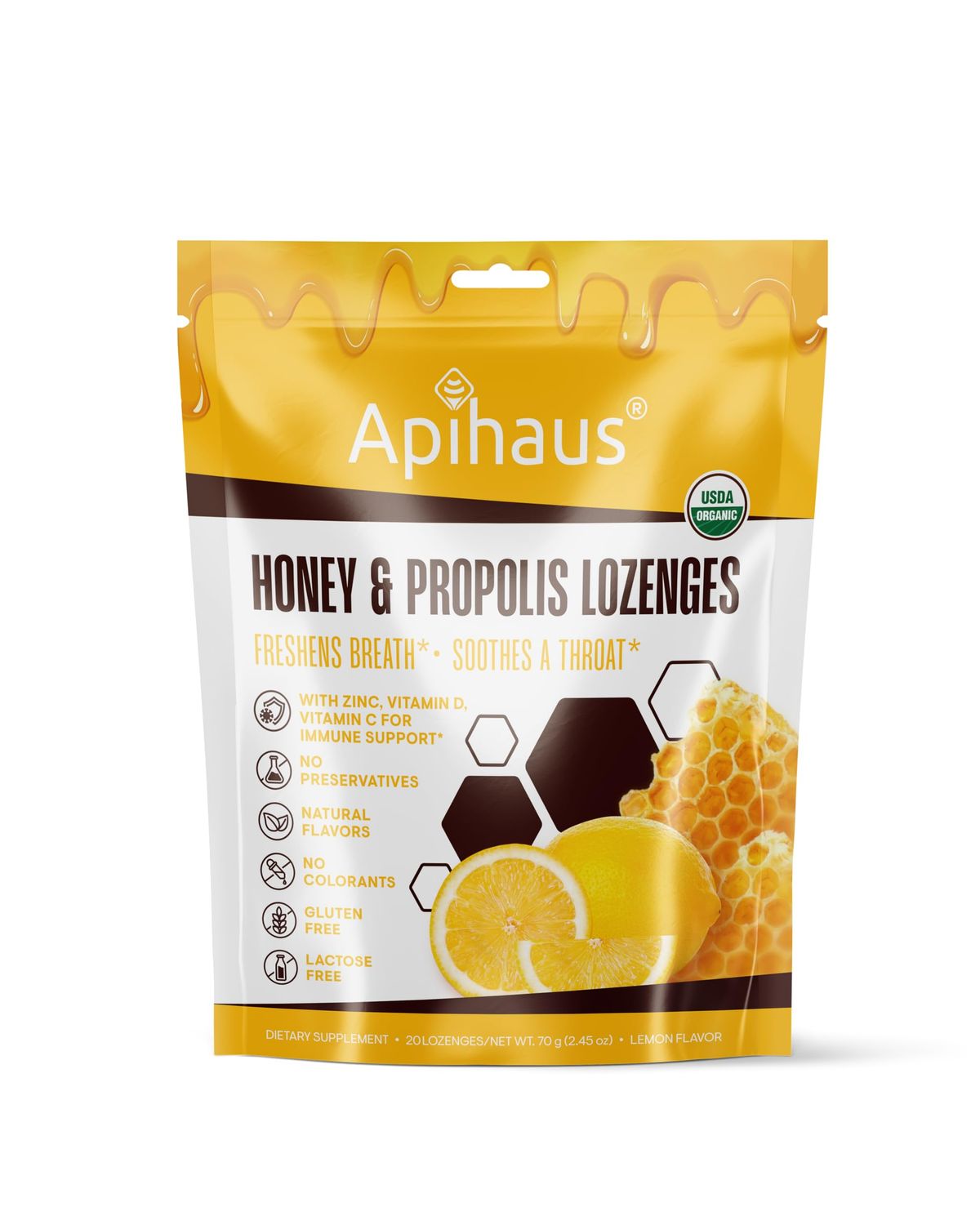 Apihaus Honey and Propolis Lozenges Lemon Flavor, Freshens Breath - Soothes a Throat- Immune Support with Vitamin C, Vitamin D and Zinc, 20 Count