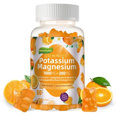 Potassium Magnesium Gummies,High Absorption Magnesium Glycinate,B6,D3,Potassium Citrate for Leg Cramps,Muscle,Electroyte for Adults Kids,Sugar-Free, 60 Gummies (Sweet Orange Flavor)