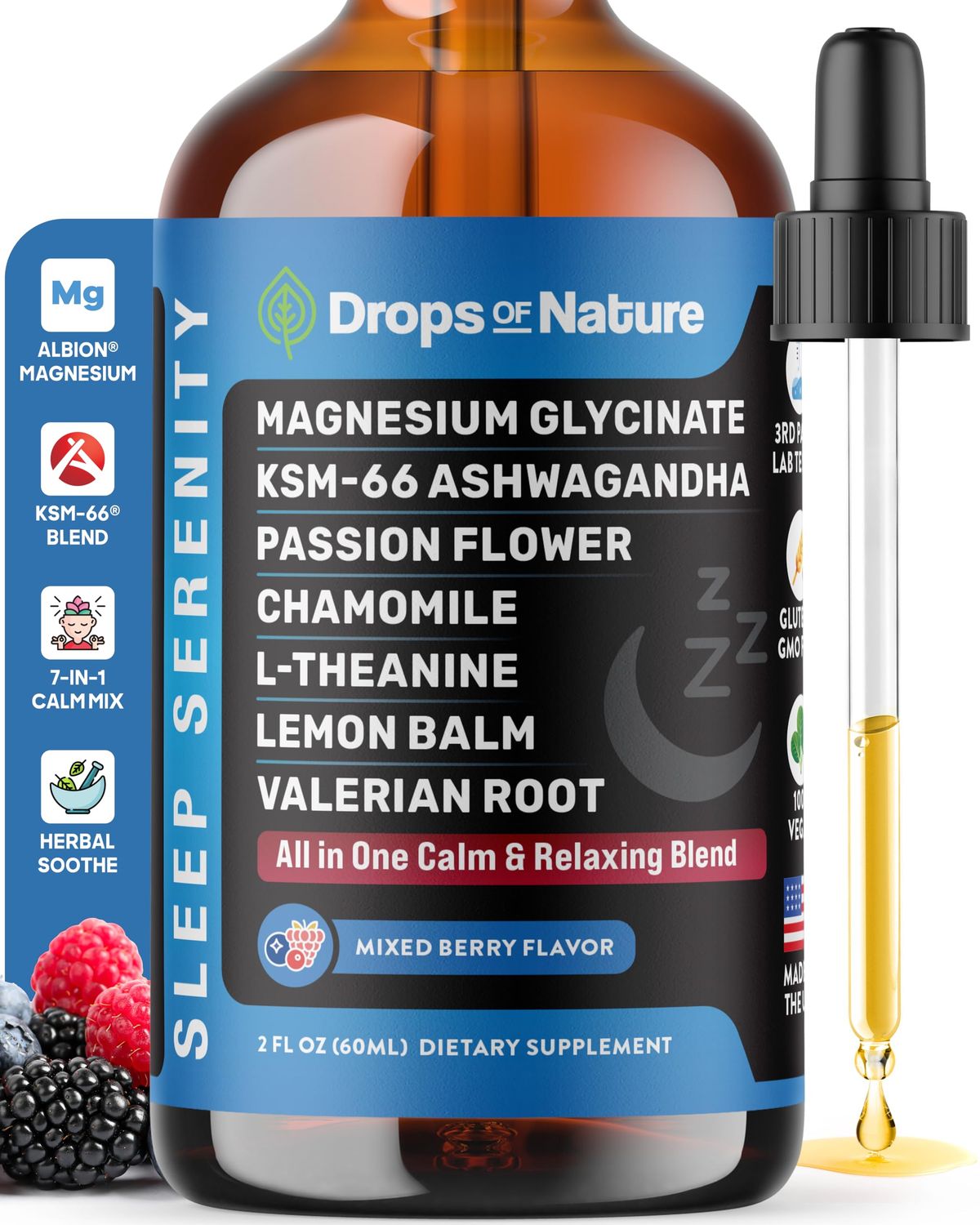 Magnesium Glycinate Ashwagandha Liquid Drops with Valerian Root, Chamomile, Passion Flower, Lemon Balm L-Theanine - Vegan Fast Absorption - Supplement for Wellness Relaxation (Mixed Berry, 60mL)