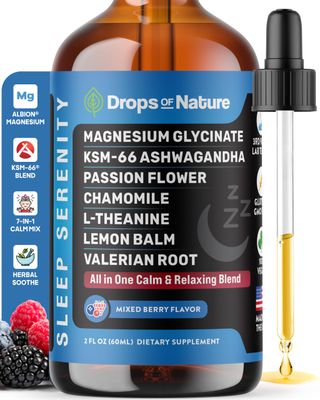 Magnesium Glycinate Ashwagandha Liquid Drops with Valerian Root, Chamomile, Passion Flower, Lemon Balm L-Theanine - Vegan Fast Absorption - Supplement for Wellness Relaxation (Mixed Berry, 60mL)