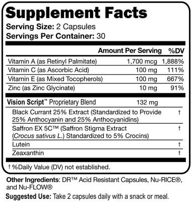 Vision Script with Saffron for Macular, and Retinal Eye Health 60 Servings- Each Capsule Contains Saffron, Black Currant, Lutein, Zeaxanthin, Vitamin C and E, and Zinc Glycinate.