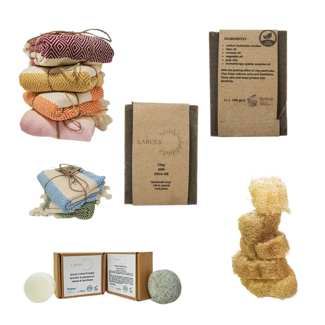 LABUES Natural Handmade Gift Set - Travel Size Shampoo Bar and Conditioner-10-15 hair washes, Hand Made Clay Soap, Natural Loofa and Turkish Face Towel -Reduces acne and blemishes.