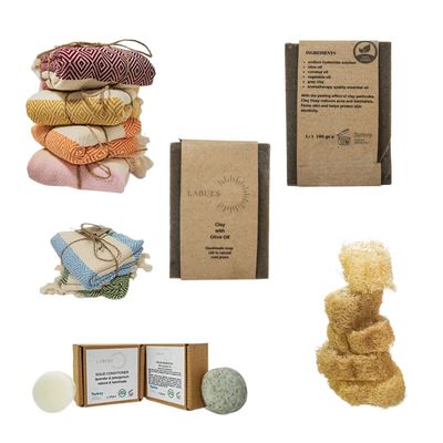 LABUES Natural Handmade Gift Set - Travel Size Shampoo Bar and Conditioner-10-15 hair washes, Hand Made Clay Soap, Natural Loofa and Turkish Face Towel -Reduces acne and blemishes.